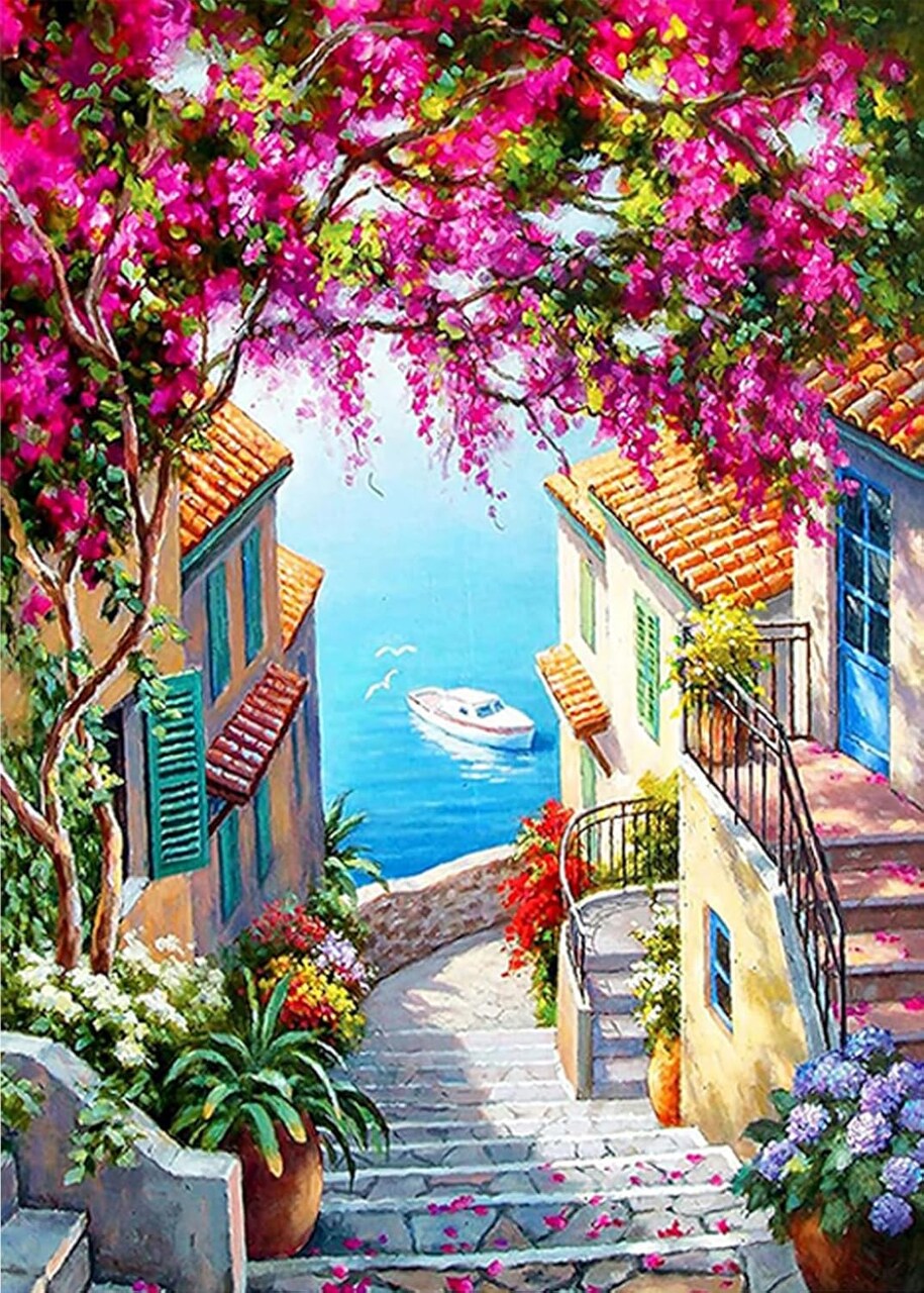5D Diamond Art Kits for Adults Beginners,Seaside Town DIY Painting with Round Full Drill Diamonds Painting Mosaic Gems Art for Home Office Wall Decor 12x16 Inch